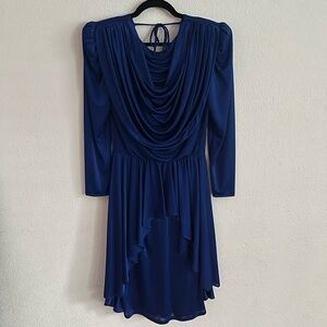 Vintage 80s Filigree Draped Blue Metallic Cocktail Dress